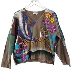Vintage Sweater Women 1 (L XL) Handpainted Tiger Elephant 3D Flowers Tan Cropped